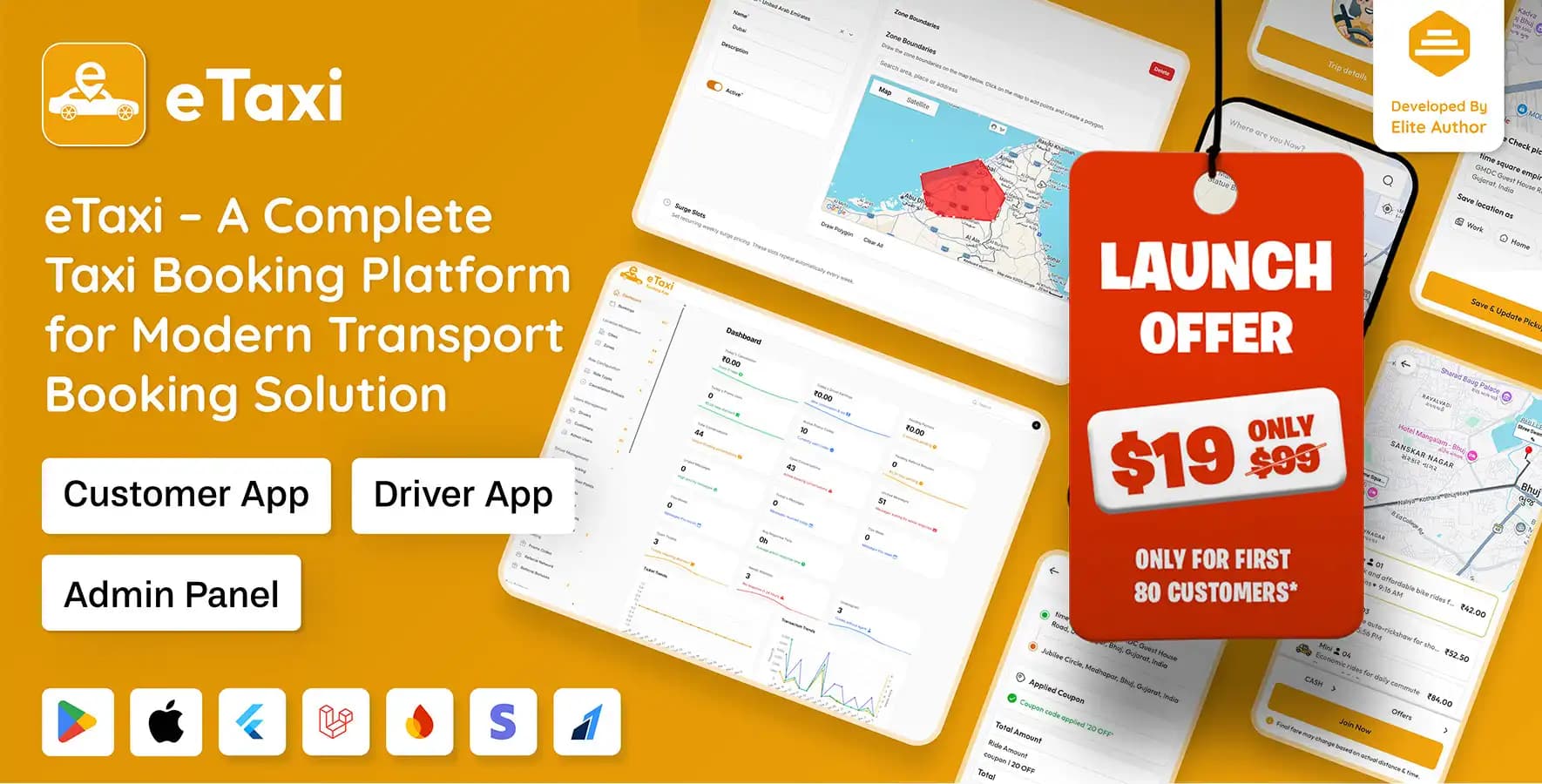 eTaxi - Complete Taxi Booking Solution with Flutter Customer app, Driver App and Laravel Admin Panel