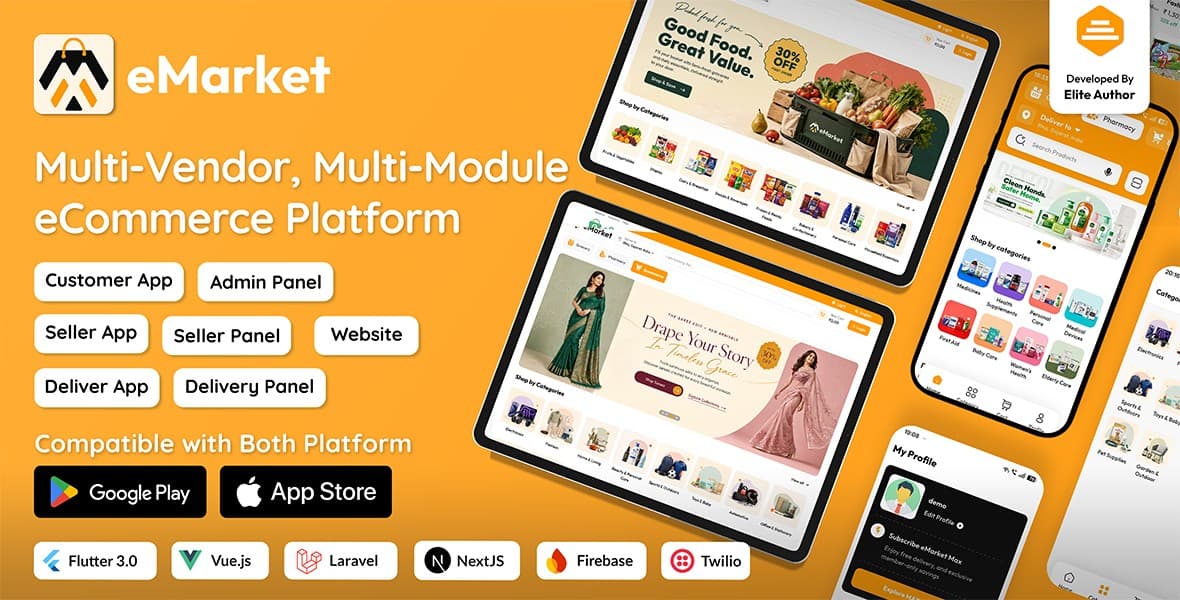 eMarket | All‑in‑One Multi‑Vendor Multi‑Module eCommerce App with Web & Admin Panel