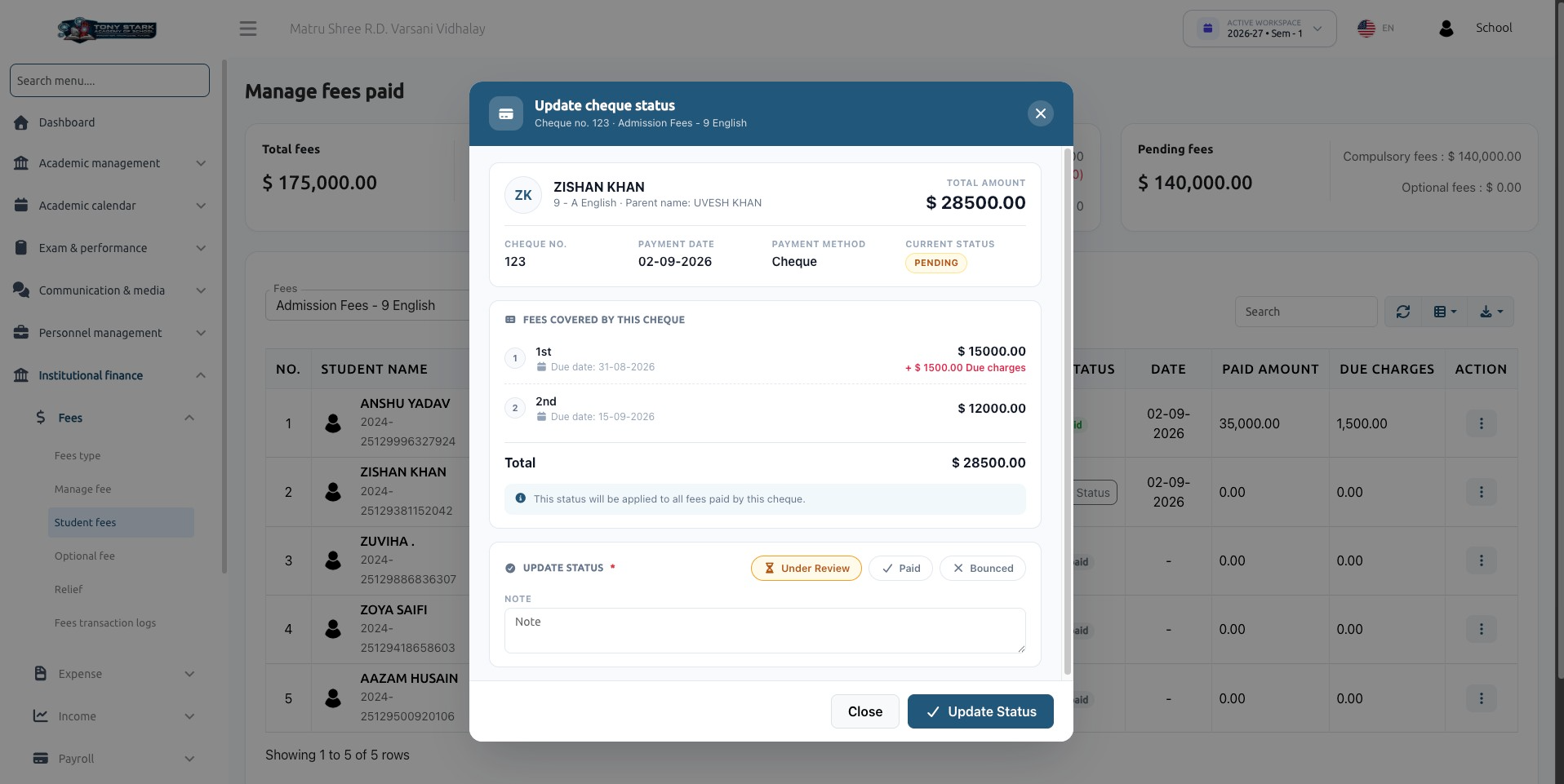 Update Status Manual / Cheque