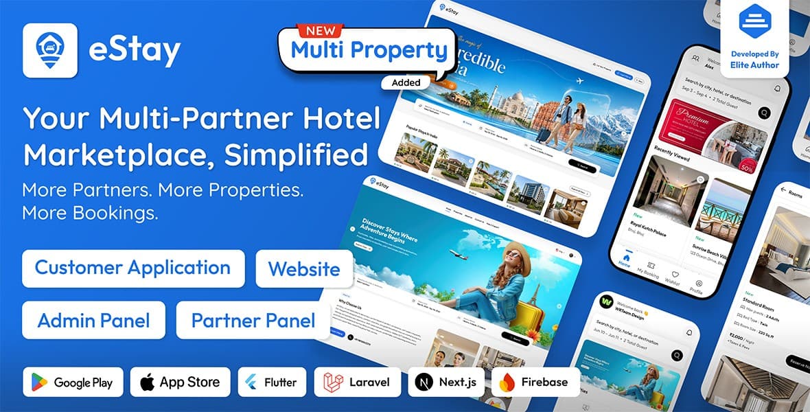 eStay | Single and Multi Hotel Booking App with Flutter, PWA Web, Laravel Admin and Partner Panel