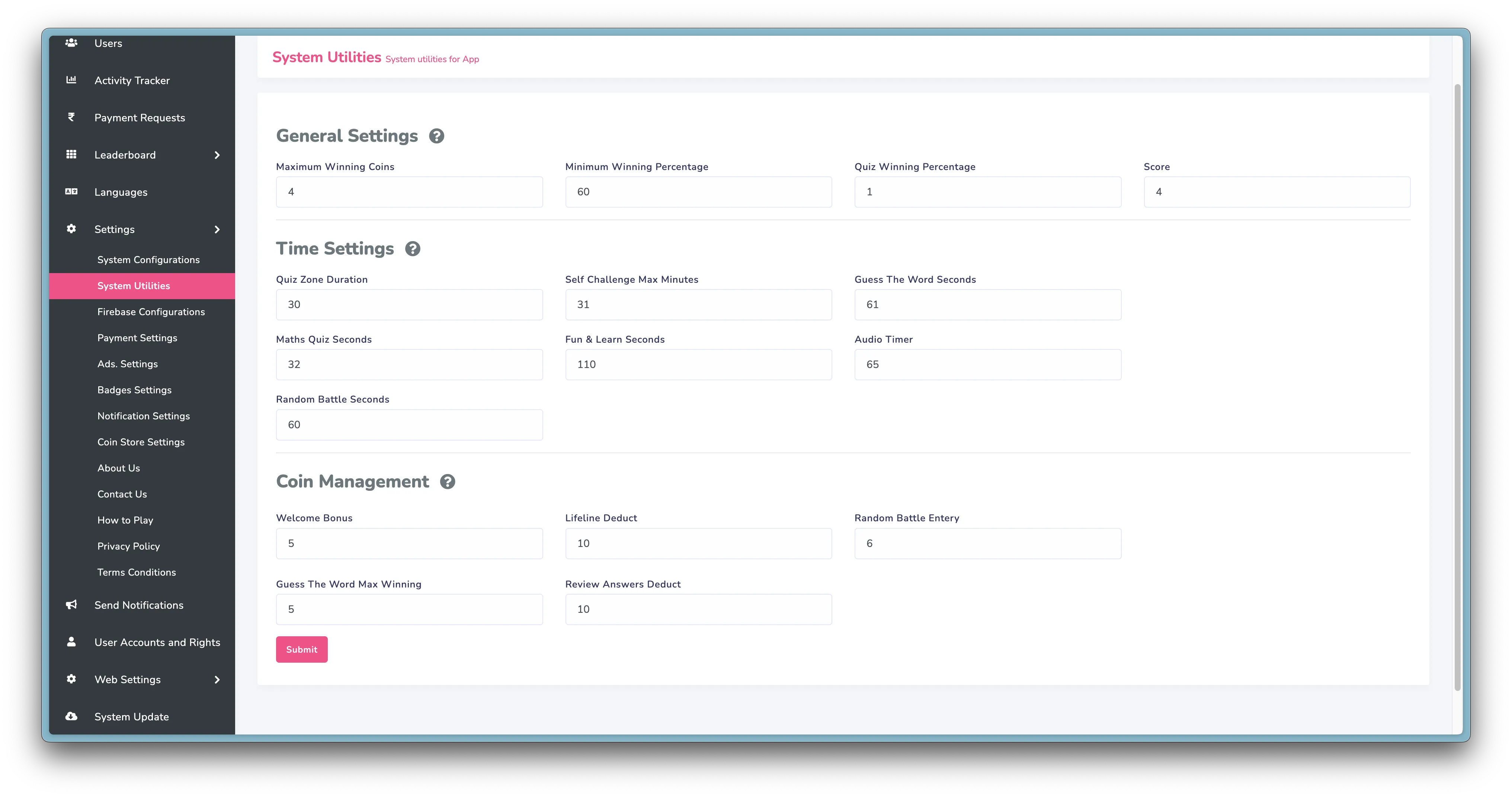 Admin Panel System Utilities Settings