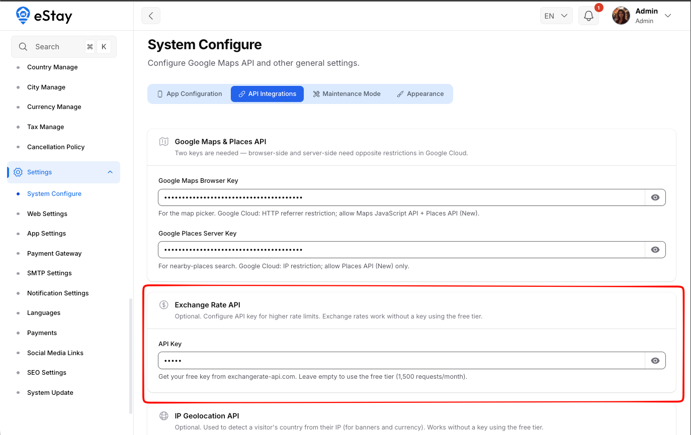 Exchange Rate API Settings