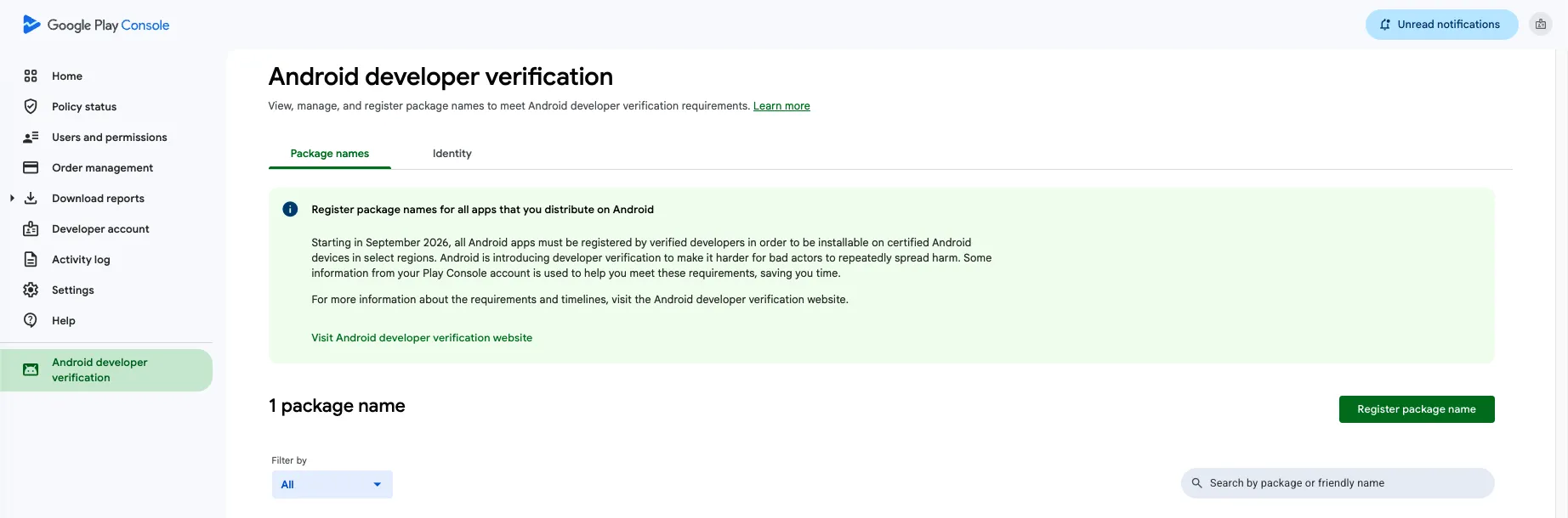 Register package name screen in Play Console
